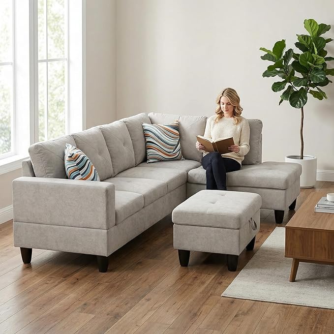 NicBex Modular L-Shaped Sectional Couches, 3-Piece Convertible Couch with Storage Ottoman, 4-Seat Comfy Sofa with Chaise for Living Room & Apartment, Off-White