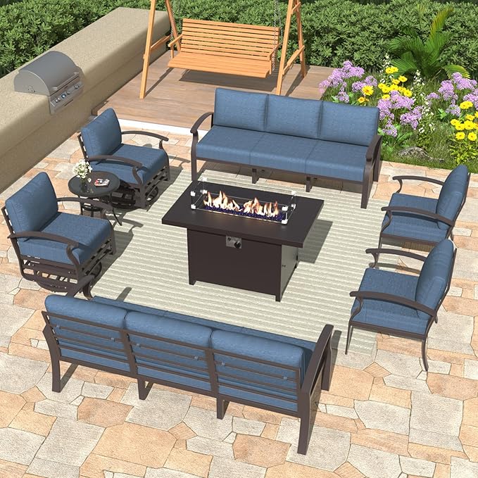 ALAULM Aluminum Patio Furniture Set with Propane Fire Pit Table - 10-seat Metal Outdoor Furniture w/Fire Pit Patio Sectional w/5.1" Cushions for Backyard, Poolside - Dark Blue