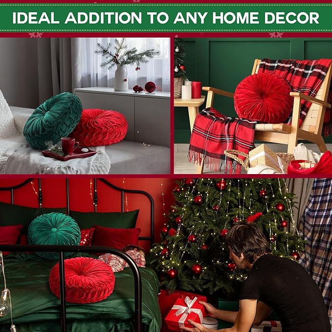 Beeveer 2 Pcs Round Throw Pillows 15 Inch Decorative Velvet Pleated Pumpkin Pillows Boho Floor Pillow with Center Button for Living Room Couch Chair Bed Sofa Home Decoration (Red and Green)