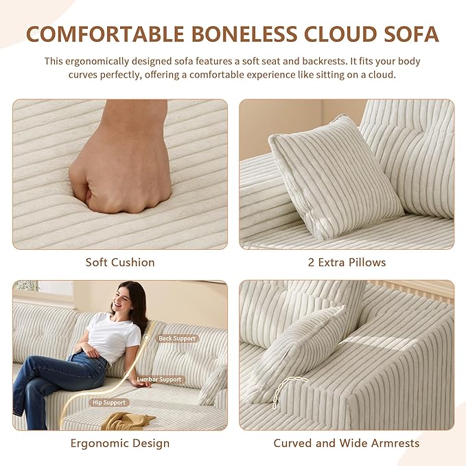 Ball & Cast 106" Modular Sectional Sofa,Cloud Corduroy Couch with Deep Seat,Boneless L-Shaped Sectional,Modern Comfort Upholstered Sofa for Living Room,No Assembly Required (Beige,Right Facing Chaise)