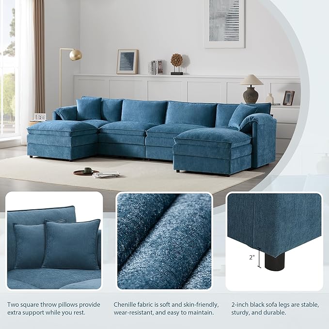 Merax 136" U-Shaped Chenille Modular Sectional Sofa, Oversized Cloud Couch Set with Double Cushions, 6-Seat with Movable Ottomans, Deep & Wide Seating, Blue