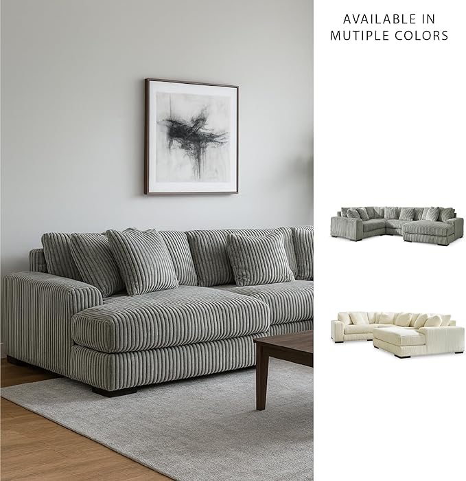 Signature Design by Ashley Lindyn Contemporary Right-Arm Facing 4-Piece Sectional with Chaise, Reversible Cushions, Armrest and Throw Pillows, Gray