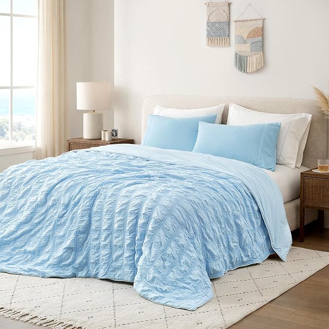 Cozy Bliss Cooling Comforter Seersucker Plaid Full Size, Q-Max 0.45 Lightweight Cooling Blanket, Breathable Silk Smooth Summer Bedding Quilt for Hot Sleepers Night Sweats Blue