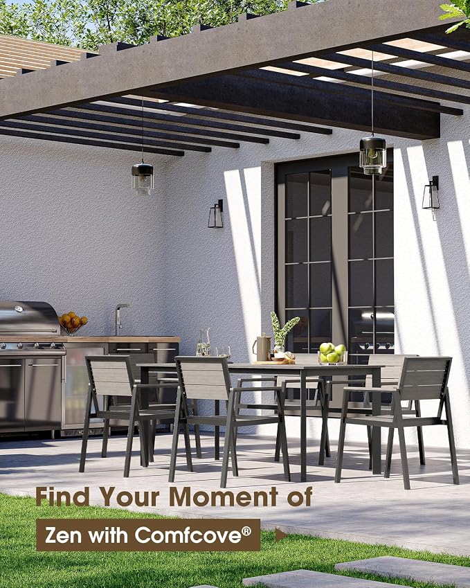 Outdoor Dining Table, Aluminum Patio HDPS Outdooor Table with Umbrella Hole, All Weather Patio Furniture Set, Patio Dining Table ((Classic Gray) - Image 6