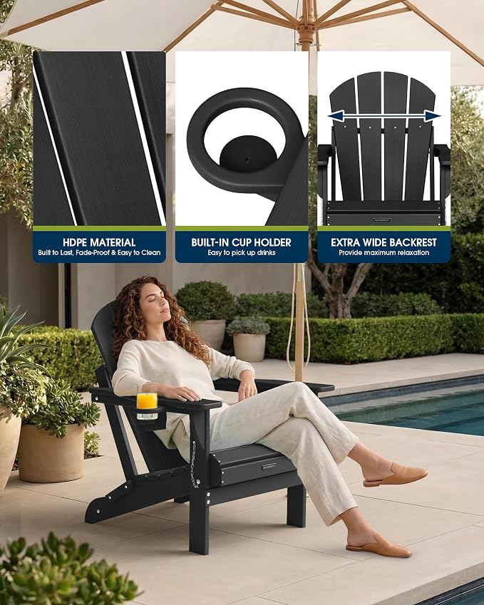 MUCHENGHY Folding Adirondack Chairs Patio Chairs Outdoor Adirondack Chair Weather Resistant Chair for Patio, Outside, Deck, Backyard, Fire Pit Chair, Campfire Chairs (Black) - Image 10