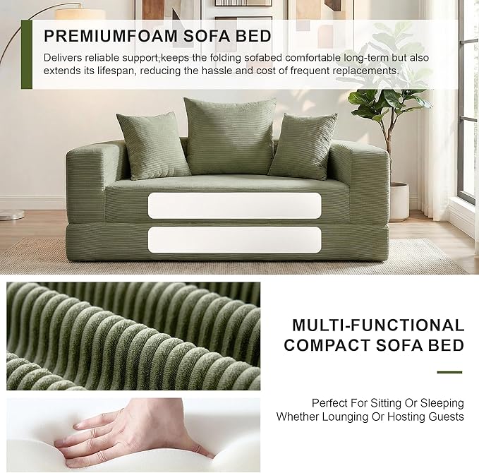 Casaphoria Convertible Folding Sofa Bed - 67 Inch Fold Out Guest Bed with Pillows for Small Spaces,Apartment Living Room Futon(Green)