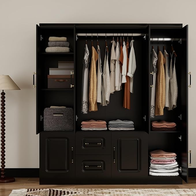 Modern 4-Door Black Armoire Wardrobe Closet with Mirror, 2 Hanging Rods, 2 Drawers, Bedroom Wardrobe