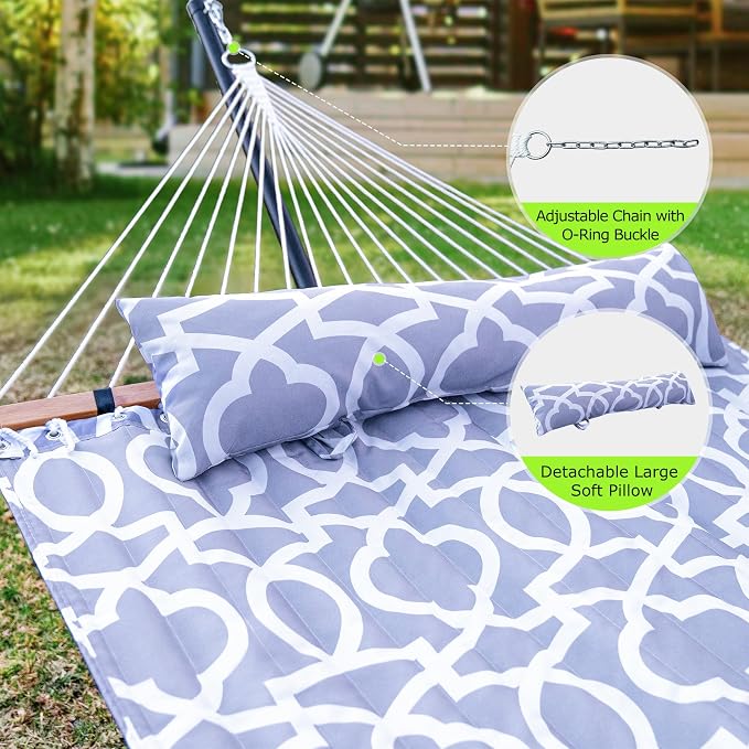 ANAGOO Double Hammock with Stand, Heavy Duty Outdoor Hammock for Two, 500 LBS Capacity, Stable Steel Frame with Balance Strap, Easy Tool-Free Assembly for Patio, Garden, Backyard & Beach,White Grey - Image 4