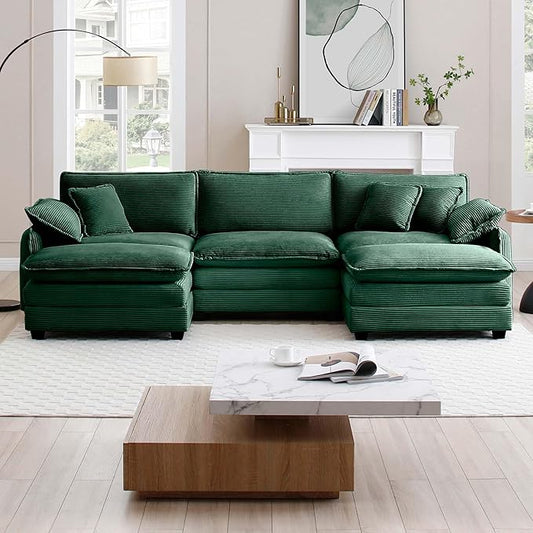 KEIKI 115" U-Shaped Oversized Corduroy Modular Sectional Sofa with 2 Ottoman, High-Density Foam Cushions, Removable Armrests, Upholstered 3-Seater Corner Couch with 5 Pillow, for Living Room, Green