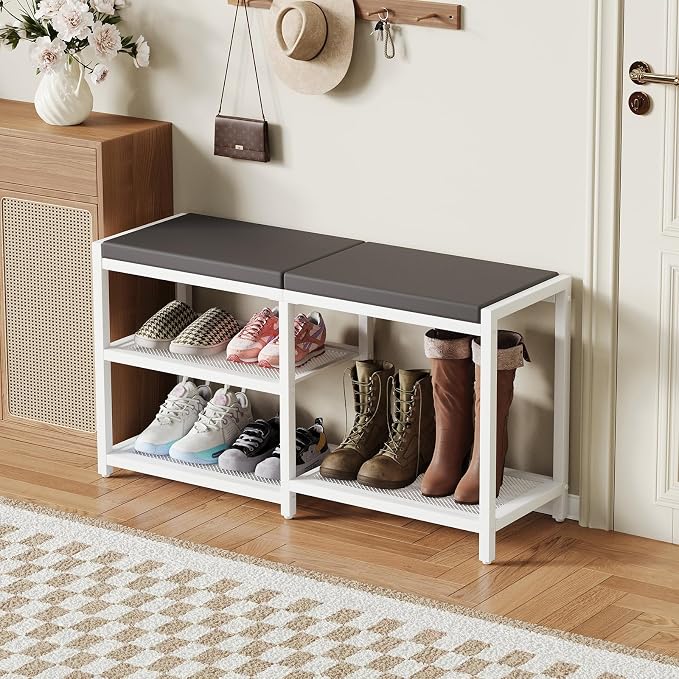 ZHOOGE Shoe Bench & Rack Storage Bench with Seat Cushion, Stable Entryway Bench Holds Up to 300 lb, (35" L x 12" W x 17" H, White) - Image 2