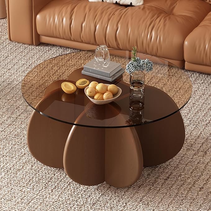 31.5'' Round Glass Coffee Table, Simple & Modern Center Table with Tempered Glass-Top for Small Space, Modern Round Coffee Table for Living Room, Home, Office, Easy Assembly. (Brown + Brown)