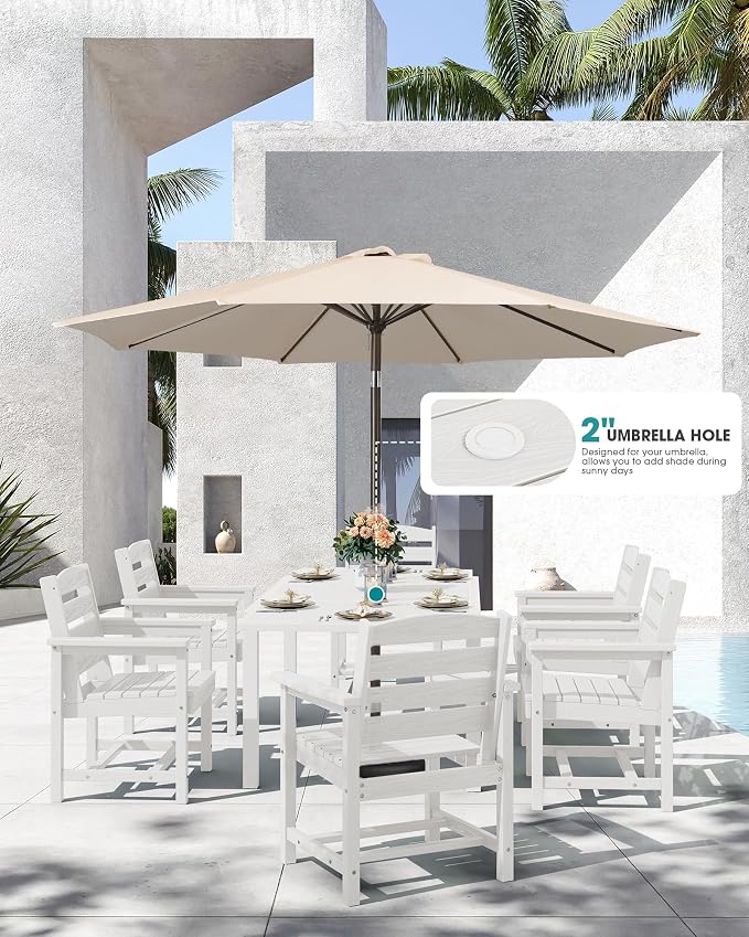 SERWALL 9-Piece Outdoor Dining Set, 60" - 83" Expandable Outdoor Dining Table and 8 HDPE Chairs, All Weather HDPE Outdoor Furniture Set for Backyard, Garden, White - Image 2