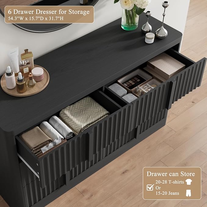 Fluted Dresser for Bedroom, 47" Wide 6 Drawer Dresser, Modern Chest of Drawers with Solid Wood Handle, Curved Profile Design, Wood Dressers Storage Organizer, Living Room, Hallway, Black - Image 5