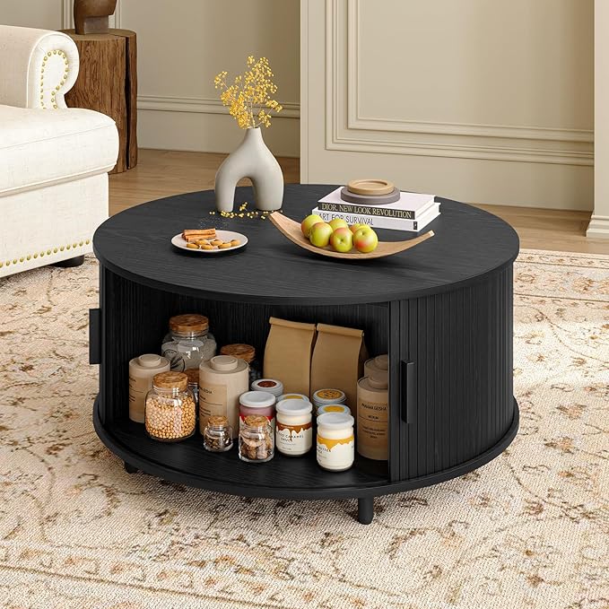 31.5 Inch Round Coffee Table, Mid-Century Modern Coffee Table wtih Storage, Fluted Coffee Table with Adjustable Footpads, 360° Rotating Sliding Door, Center Table for Living Room (Black)