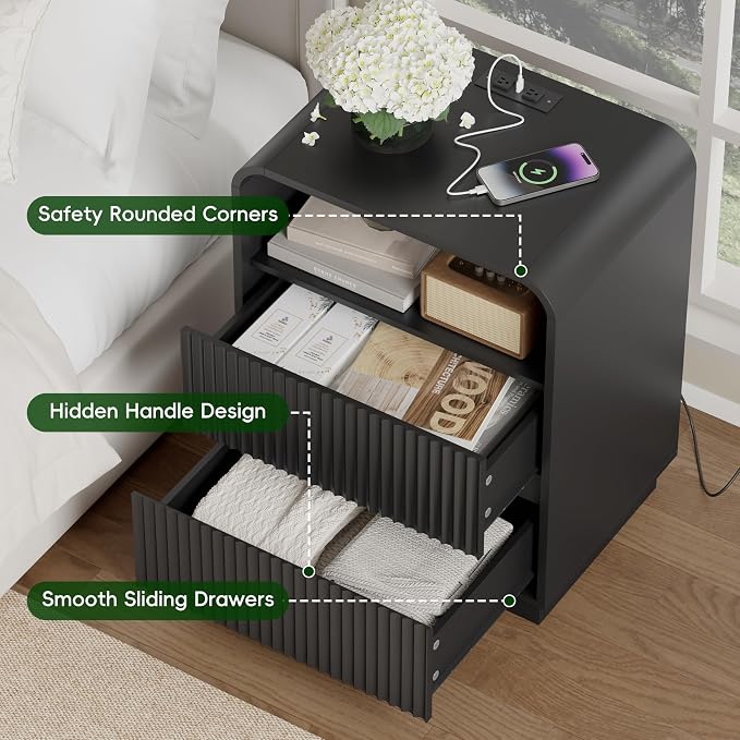 Wodeer Black Nightstand with Charging Station, Mid Century Modern Bedside Table & End Table, Fluted Wood Small Night Stand with 2 Hidden Drawers and Storage Shelf for Bedroom - Image 6