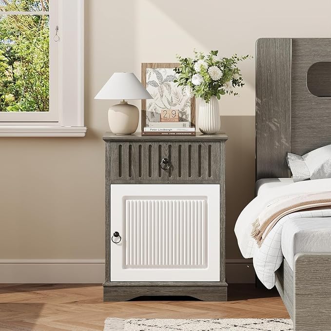 4ever2buy 18" Farmhouse Nightstand, Grey Night Stand with Storage, Wood End Table Bedside Table for Bedroom, Grey and White - Image 3