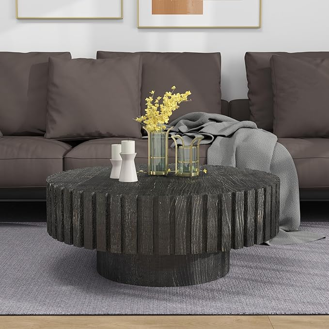 31.5" Circle Coffee Table, Rustic Round Wood Center Table Accent Drum End Tea Table for Living Room Apartment Small Space,with Fluted Relief Side, Black