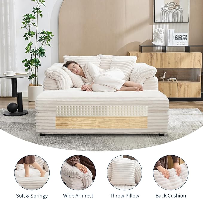 Oversized Chaise Lounge Chair 59 * 54 Inch Indoor Comfy Corduroy Cloud Sleeper Couch Upholstered Sofa Bed with USB Port Throw Pillows Supportive Armrests for Living Room