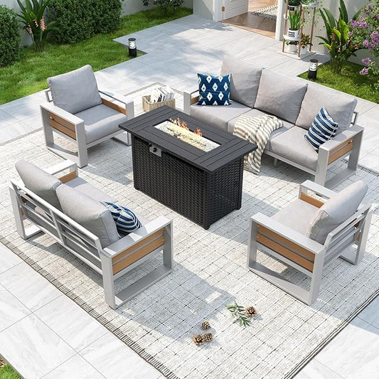 Aoxun Aluminum Patio Furniture Set with Fire Pit Table, 5 Piece Luxury Outdoor Sectional with 6" Olefin Fabric Cushions, Patio Conversation Sets with Waterproof Cover for Backyard, Porch Grey