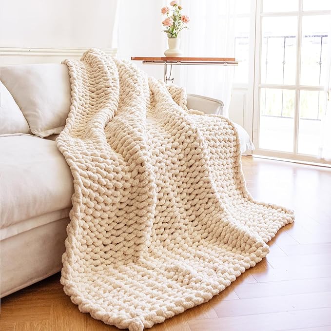 Chunky Knit Blanket - Luxury Soft Cozy 80 * 90 Throw Blanket,100% Woven Blanket Rope Knot Throw Blanket for Couch, Sofa, Home Decor, Gift - Machine Washable (Cream, 80 * 90)