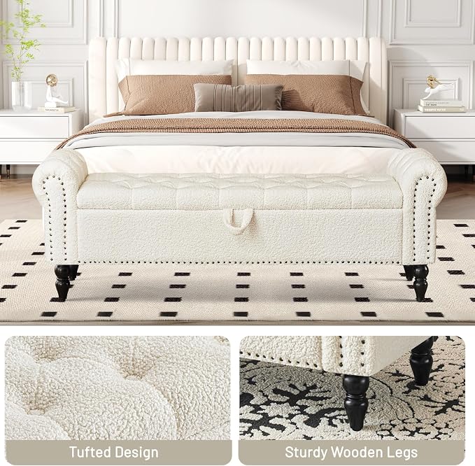 Furniliving 63” End of Bed Bench, Bedroom Bench with Button-Tufted, Large Upholstered Storage Ottoman Benches Entryway Bench with Storage Shoe Cabinet Bench, for Bedroom, Living Room, Faux Fur, White - Image 6