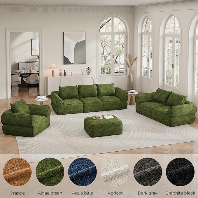 42.5" Single Cloud Sofa, Boneless Couch for Small Spaces, Modern Comfortable Upholstery Sofas with Pillows for Living Room, Apartment, Dorm, Office, Removable Cover, No Assembly Required, Green