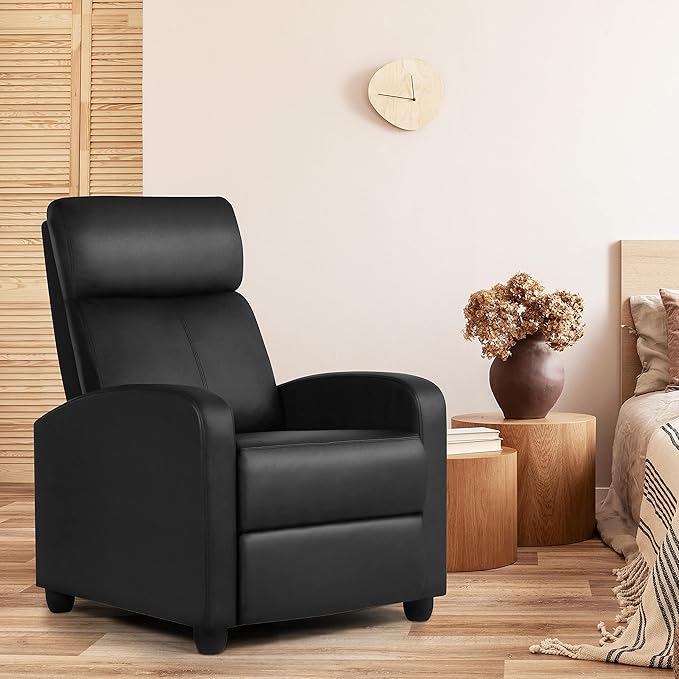 Topeakmart Recliner Chair PU Leather Adjustable Modern Single Reclining Chair with Pocket Spring Living Room Bedroom Home Theater Black