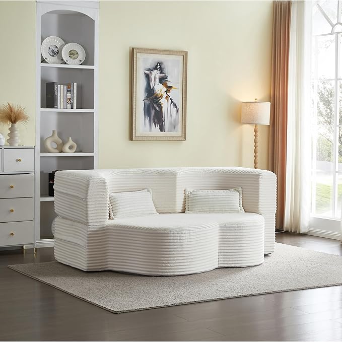 Ball & Cast 78" Convertible Sleeper Sofa Bed with Pillows, Corduroy Folding Mattress Couch Bed, Floor Futon Sofa Comfy Compressed Cloud Couch for Living Room,Beige