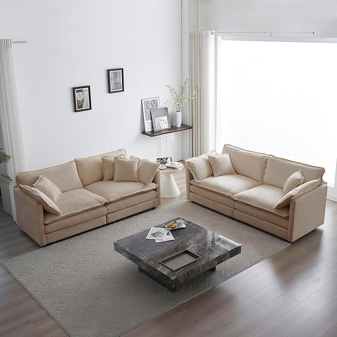 ERYE 2 PCS Oversized Living Room Sofa Sets Include Two Spacious Loveseats for 4-6 Persons, Modern Deep Seat Modular Cushions Sofa&Couch w/8 Pillows for Home,Apartment,Office, 76.7", Beige/2PCS