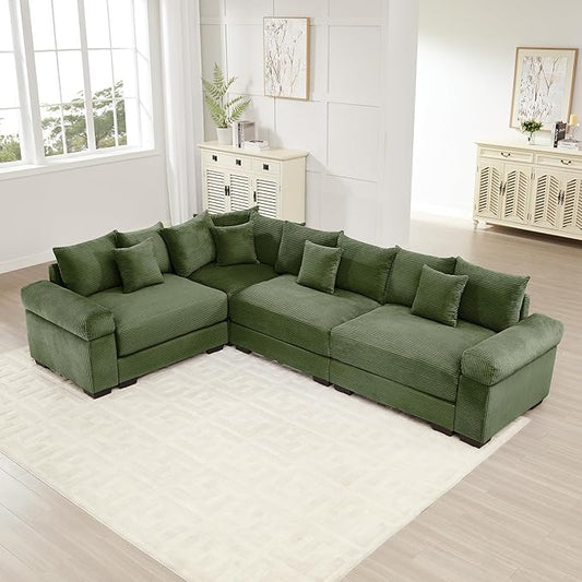 KEIKI 117" L-Shaped Oversized Corduroy Modular Cloud Sectional Sofa with High-Density Foam Cushion, Extra-Thick Armrest, Convertible 4-Seater Fluffy Corner Couch with 14 Pillow, for Living Room, Green