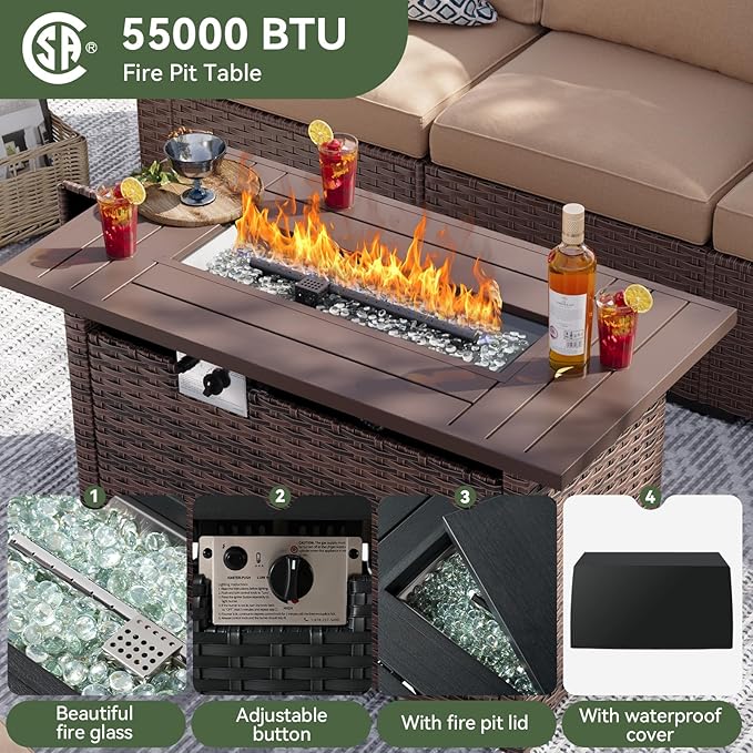Aoxun 8 Piece Patio Furniture Set with 44” Fire Pit Table, Wicker Rattan Patio Sectional Sofa, Outdoor Furniture Set with Thickened Cushion, Light Gray