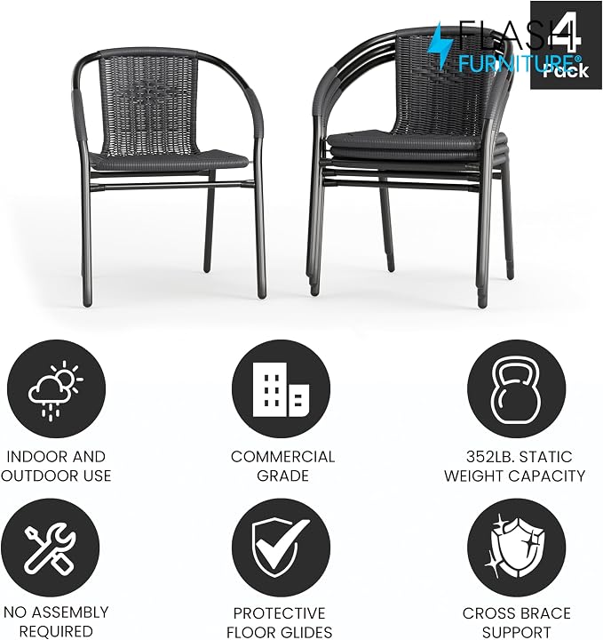 Flash Furniture Lila Modern Rattan Indoor/Outdoor Stackable Dining Chairs, Stacking Rattan Bistro Chairs for Patio or Restaurant, Set of 4, Gray - Image 4