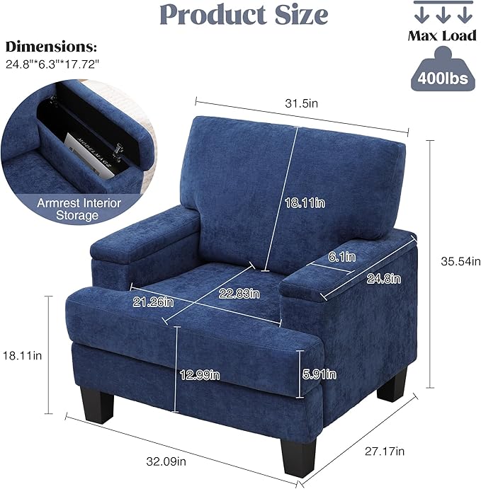 Oversized Accent Chair with Storage Armrest, Modern Upholstered Reading Living Room Chairs, Comfy Large Armchair, Fabric Single Sofa Chair for Bedroom (Navy Blue)