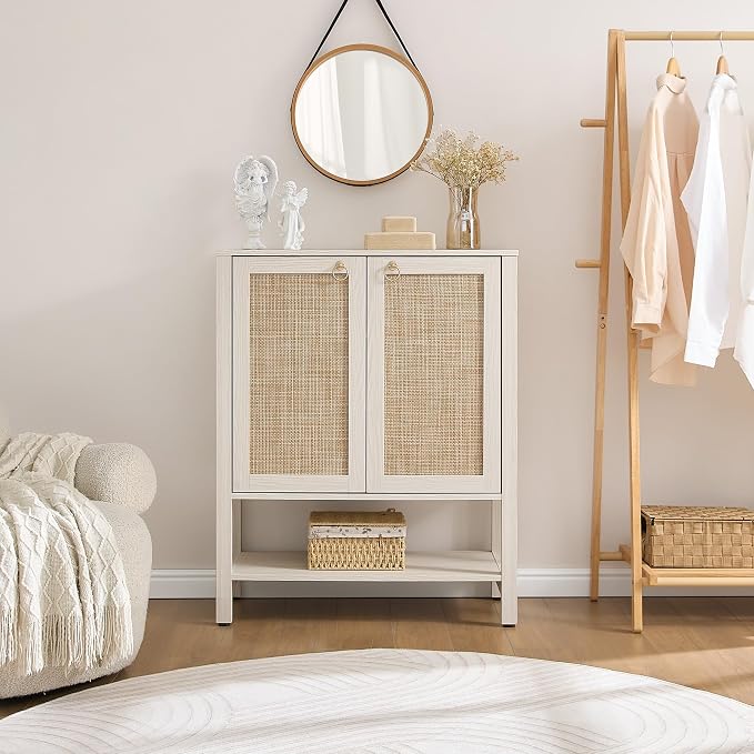 SICOTAS Rattan Shoe Cabinet with Storage - 5 Tier Farmhouse Boho Shoe Organizer Storage Cabinet with Shelves & Doors, Tall Shoe Rack Cabinet for Entryway, Living Room, Closet (White Cream Oak) - Image 7