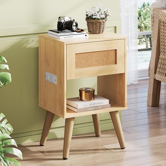 WLIVE Rattan Nightstands Set of 2 with Charging Station, Boho Nightstand, Wood Side Table, Small End Table with Drawers for Bedroom, Natural Oak - Image 2