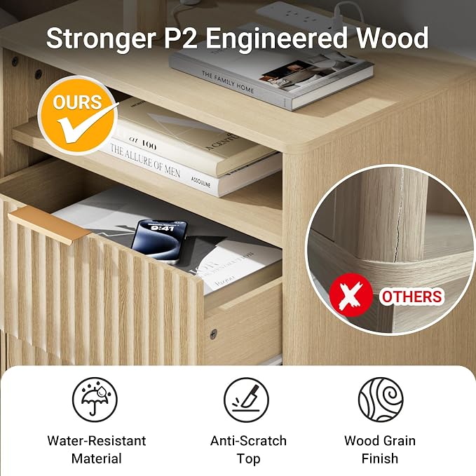 Fluted Nightstand, Modern Night Stand, 2 Drawers Nightstand with Charging Station, Wooden End Table w/Storage, Bedside Table for Bedroom Sofa Home Office, Curved Corners Design, Natural Oak - Image 4