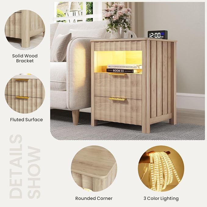Dystler Fluted Night Stand with LED Light, Nightstand with Charging Station and Gun Drawer, Modern Bedside Table with Human Sensort and Storage Shelf for Bedroom, Wood - Image 6