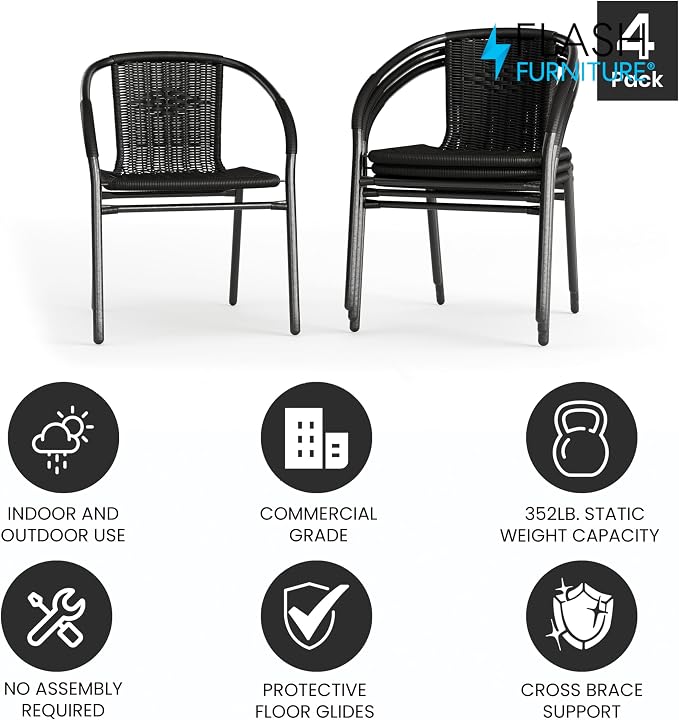 Flash Furniture Lila Modern Rattan Indoor/Outdoor Stackable Dining Chairs, Stacking Rattan Bistro Chairs for Patio or Restaurant, Set of 4, Black - Image 4