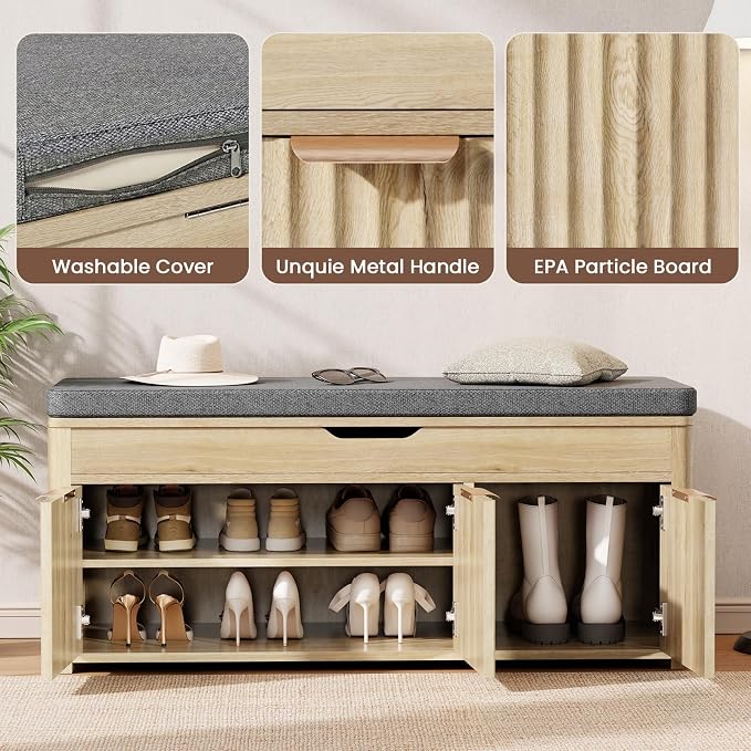 Shoe Bench with Storage - Lift Top Entryway Bench with Hidden Storage, Shoe Rack with Adjustable Shelves and Cushioned Seat, Wooden End of Bed Bench for Bedroom, Living Room and Hallway,Nature - Image 6
