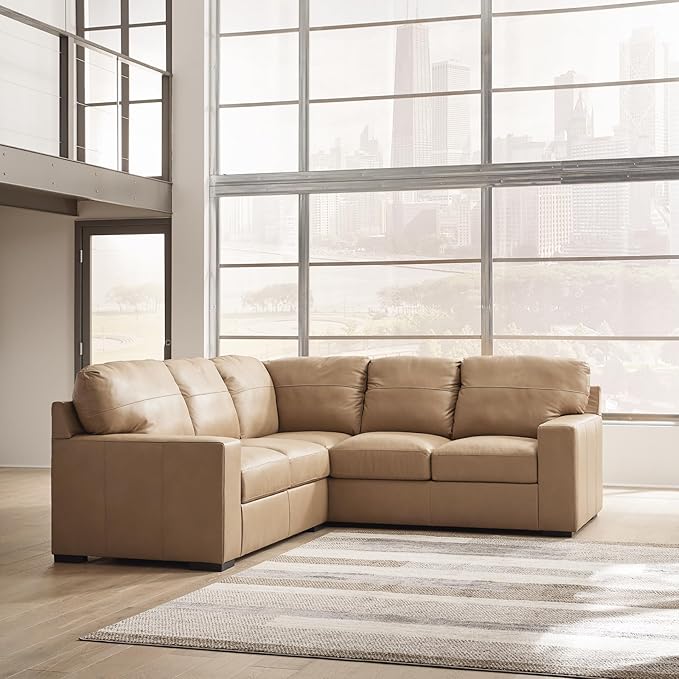 Signature Design by Ashley Bandon Modern Leather Match Right-Arm Facing 2-Piece Sectional with Removable Cushions and Armrest, Light Brown