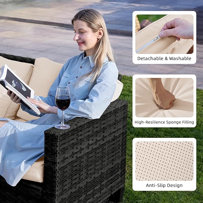 UDPATIO Patio Furniture Set, 6 Pieces Outdoor Furniture Sets with Rocking Swivel Chairs, Wicker Rattan Outdoor Conversation Set with Storage Table and Waterproof Covers for Backyard, Deck, Porch, Khak