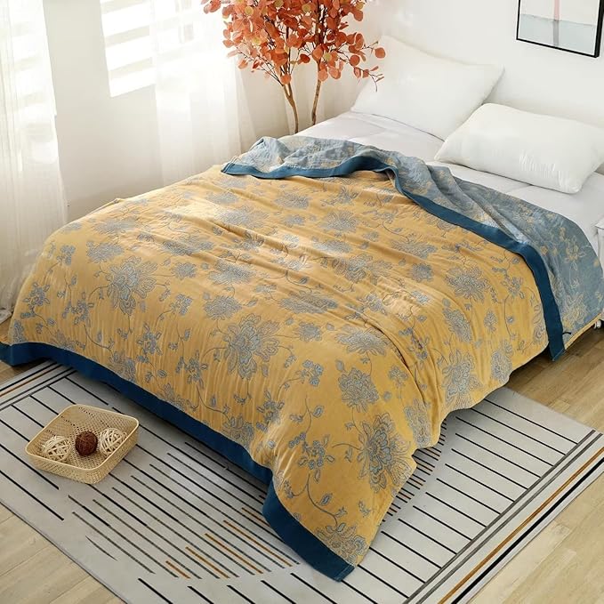 Boho Throw Blanket for Bed 100% Cotton Ultra Soft Rustic Quilt Spring Blanket Floral Printed Farmhouse Decor Bed Blankets,60"x80" All Season Rustic Throw for Sofa Couch Chair