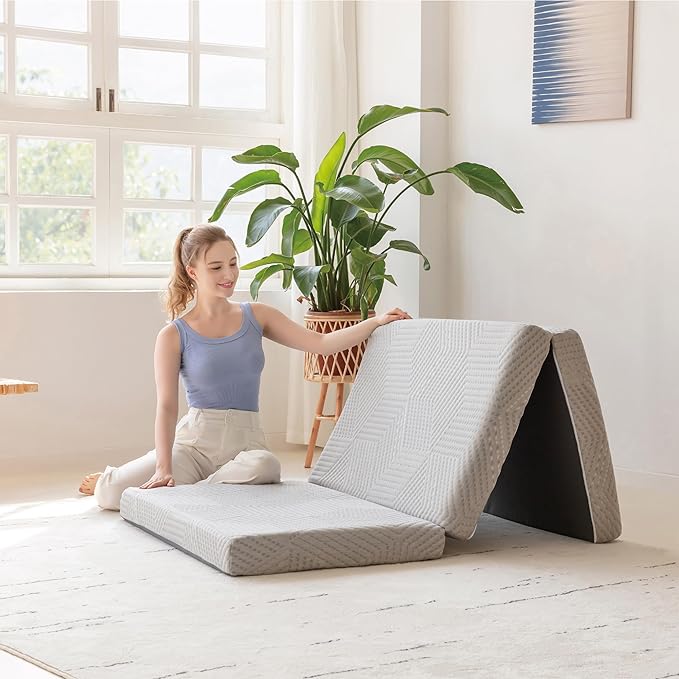 MLILY Tri-Fold Memory Foam Mattress Topper, 4 inch Full Folding Mattress with Collapsible and Washable Cover, Travel and Guest Mat, 75"×54"×4", Grey