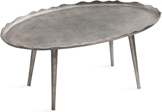 Kate and Laurel Alessia Modern Glam Oval Coffee Table, 34 x 20 x 15, Silver, Metal Living Room Table for Storage and Display with Antique Deckled Edge Detailing