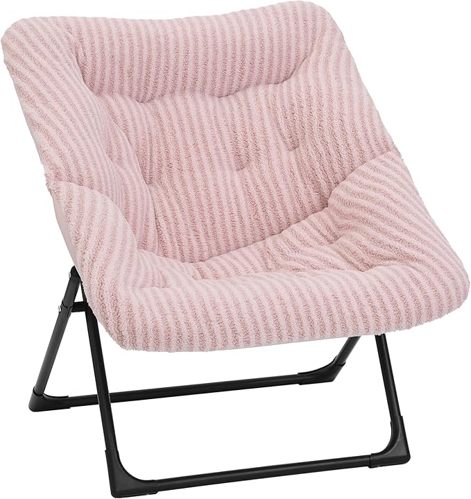 Comfy Saucer Chair for Adults, Soft Faux Fur Bedroom Chair, Accent Dorm Chairs, Flexible Living Room Reading Chairs, Oversized Folding Seat for Teens, X-Large, Stripe Pink