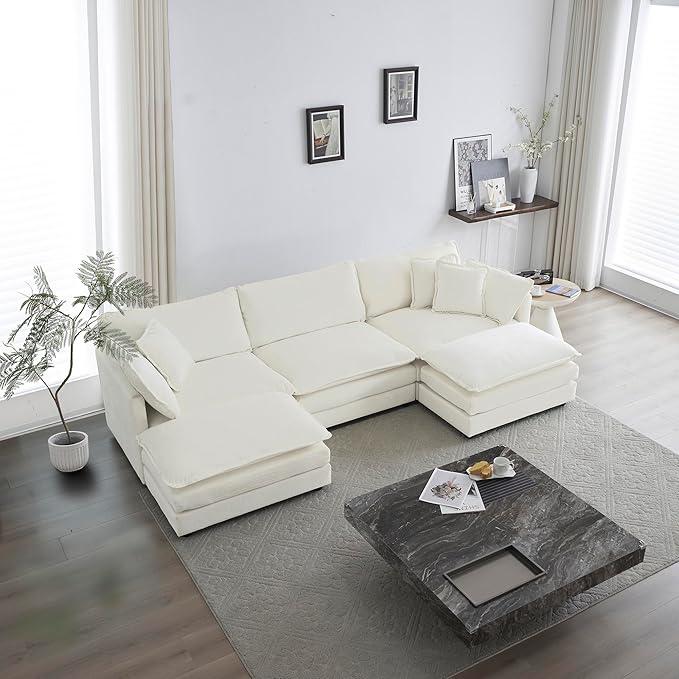 Luxury Modular Sectional Sofa with Ottoman, 111.5" Overstuffed U-Shaped Cloud Sofa, Premium Chenille Fabric Deep Seat Couch, Extra Wide Sectional for Living Room, Apartment & Office | Layer Cushions