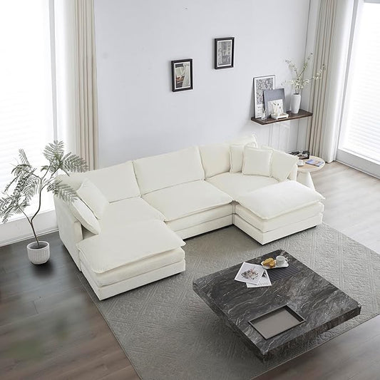 KEIKI Combination Sofa, Upholstered 5 Seater Couch, Oversized U Shaped Sectional Sofa with Reversible Ottoman for Living Room Bedroom Office, White