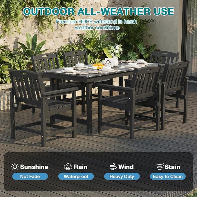 Mdeam 7-Piece HIPS Outdoor Dining Set, 66.9" Marble Texture Patio Table with Umbrella Hole, 440LBS Capacity, 6 Wider Chairs,Dining Table Set for 6, Outdoor Furniture with Galvanized Steel Frame, Black - Image 5