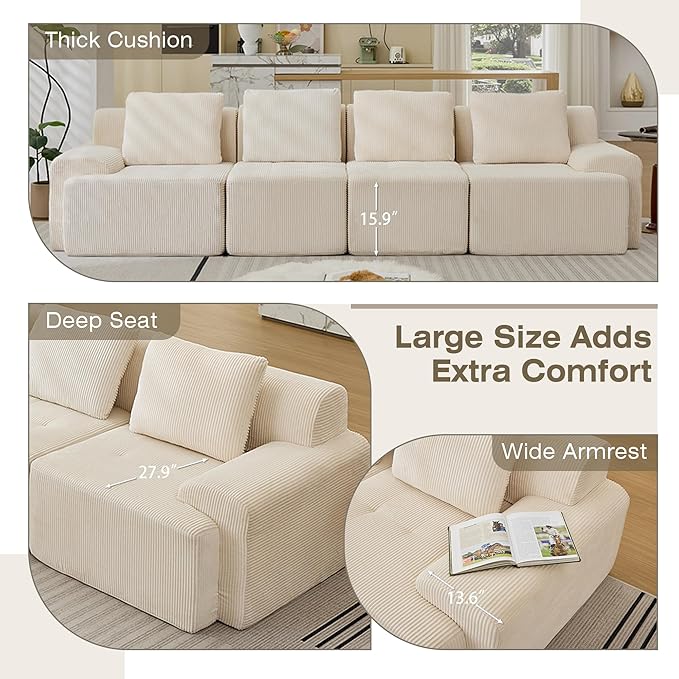Modular Sectional Sofa, 6 Seat Modular Couch, Modular Sofa with Deep Seat and Detachable Pillow (White, 4 Pieces-Rowshape)