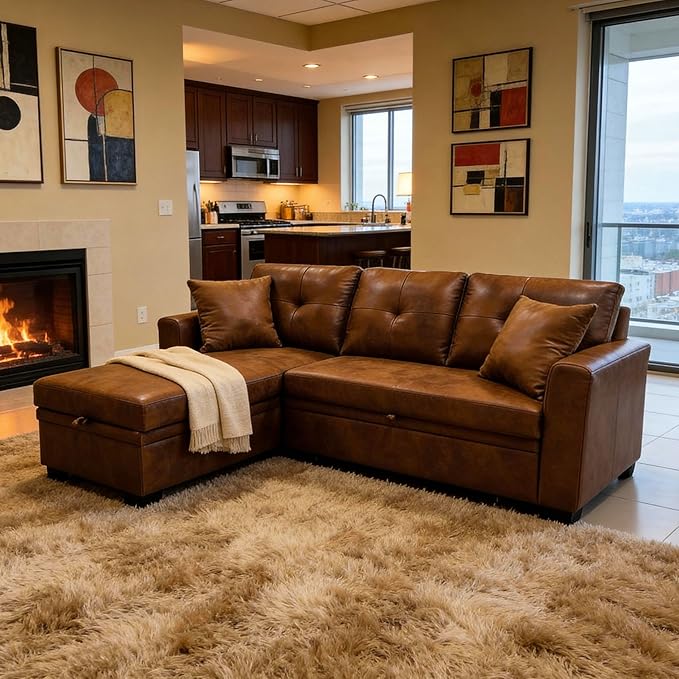 76.5" Sectional Sleeper Sofa with Pull Out Bed, L Shaped 3 Seat Sectional Couches for Living Room,Pull Out Couch Convertible Sofa Bed with Reversible Storage Chaise & 2 Pillows,Brown